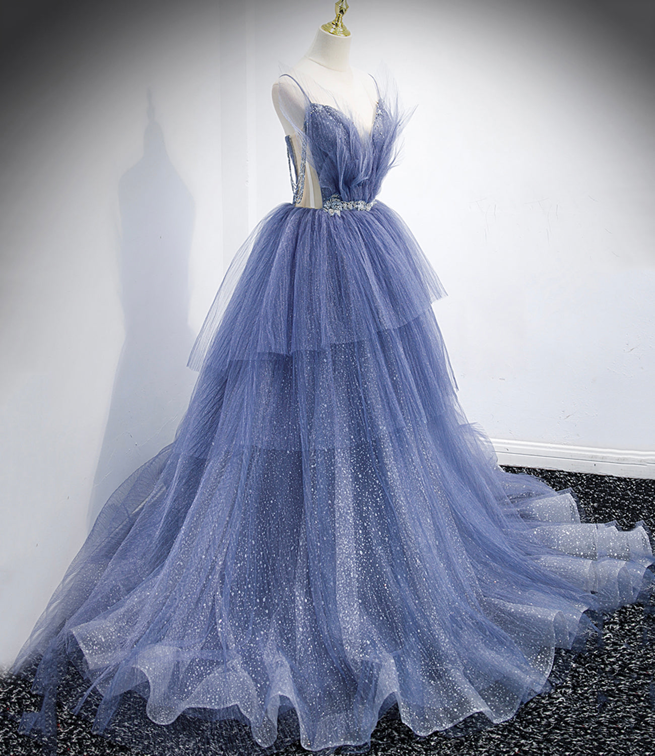 Blue tulle long A line prom dress blue evening dress  8864