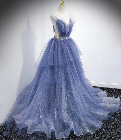 Blue tulle long A line prom dress blue evening dress  8864