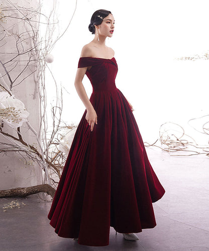 Burgundy velvet long prom dress formal dress  8264