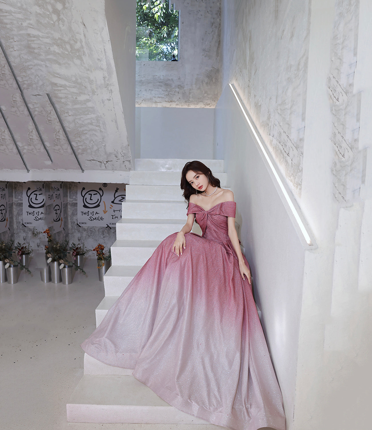 Pink gradient long A line prom dress evening dress  8823