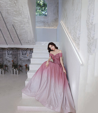 Pink gradient long A line prom dress evening dress  8823