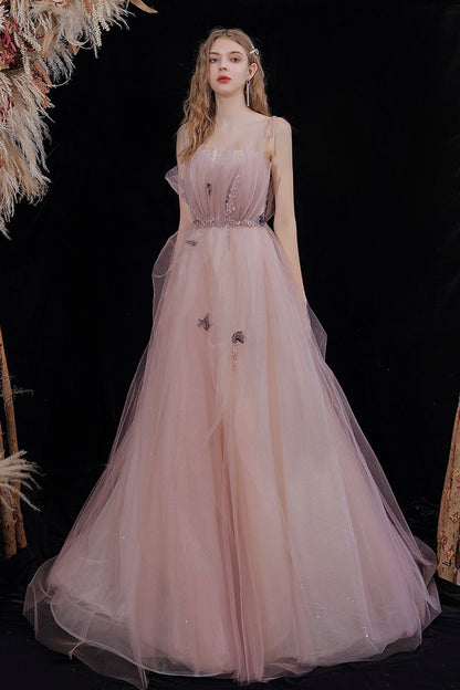 Pink tulle long A line prom dress evening dress  8570