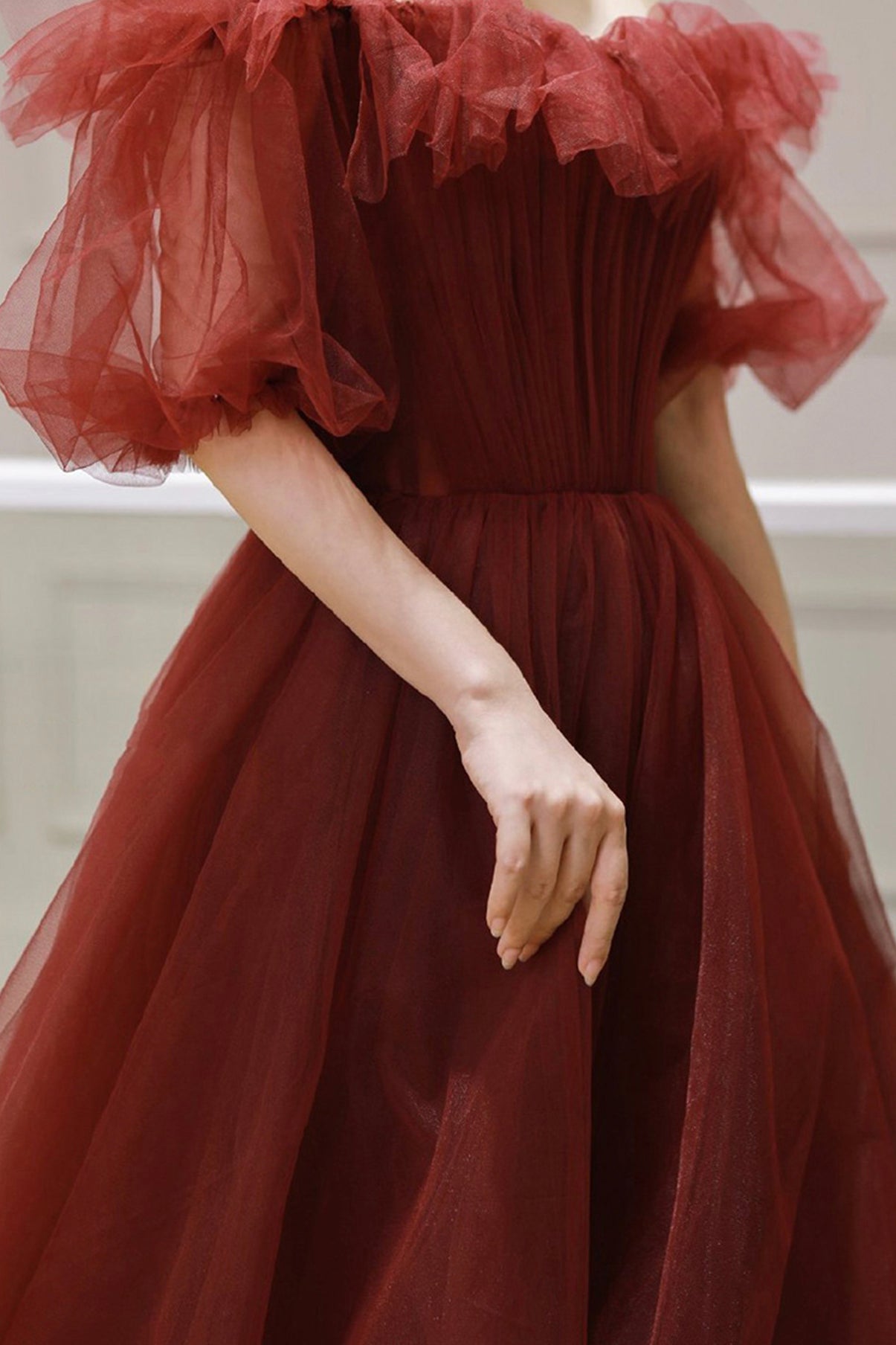 Burgundy tulle long prom dress A line evening dress  8579