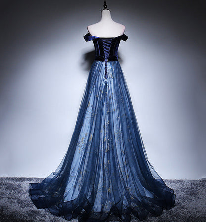 Blue velvet tulle long prom dress evening dress  8449