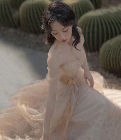 Pink tulle long A line prom dress pink evening dress  8855