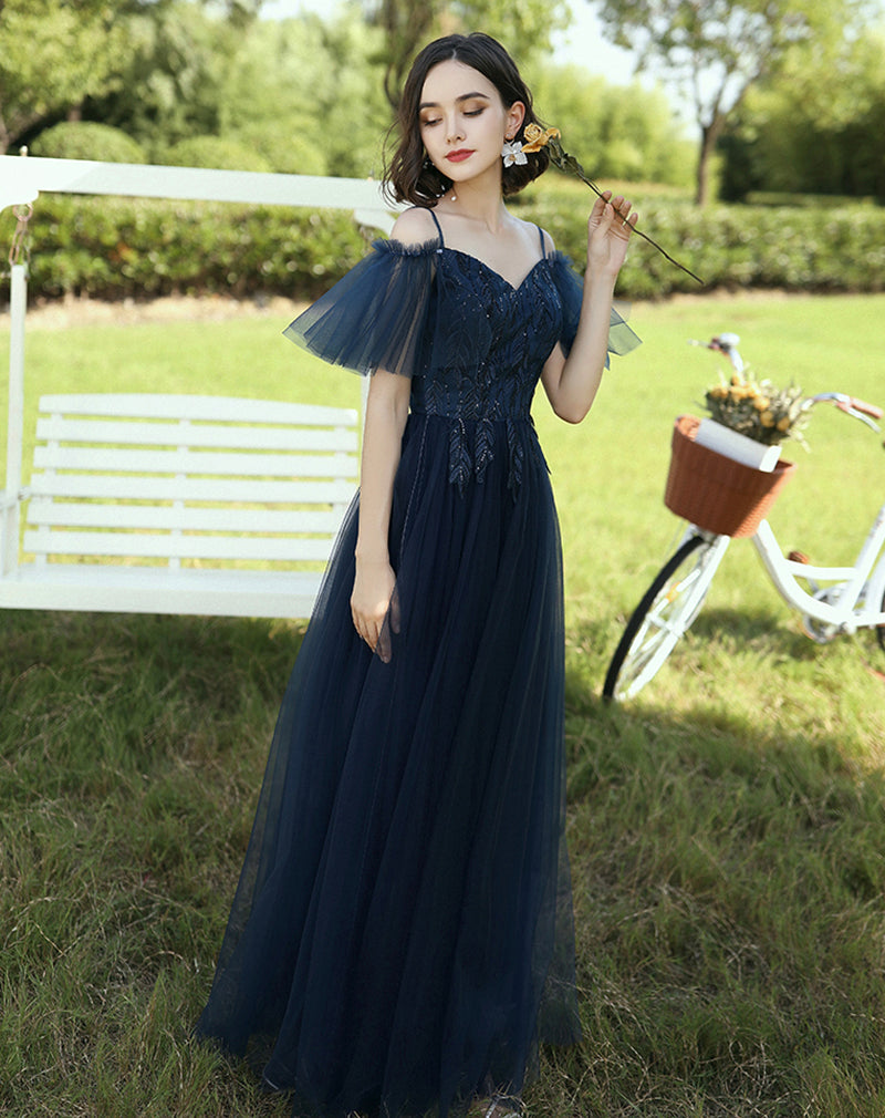 Blue tulle lace long prom dress blue evening dress  8404