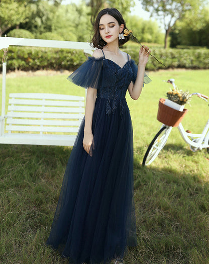 Blue tulle lace long prom dress blue evening dress  8404