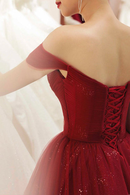 Burgundy tulle long A line prom dress evening dress  8734