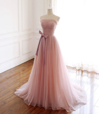 Pink tulle long prom dress pink evening dress  8584