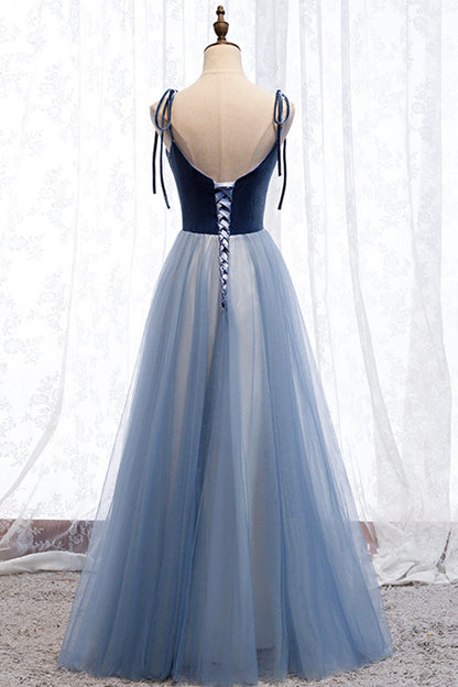 Blue velvet tulle long prom dress blue evening dress  8637