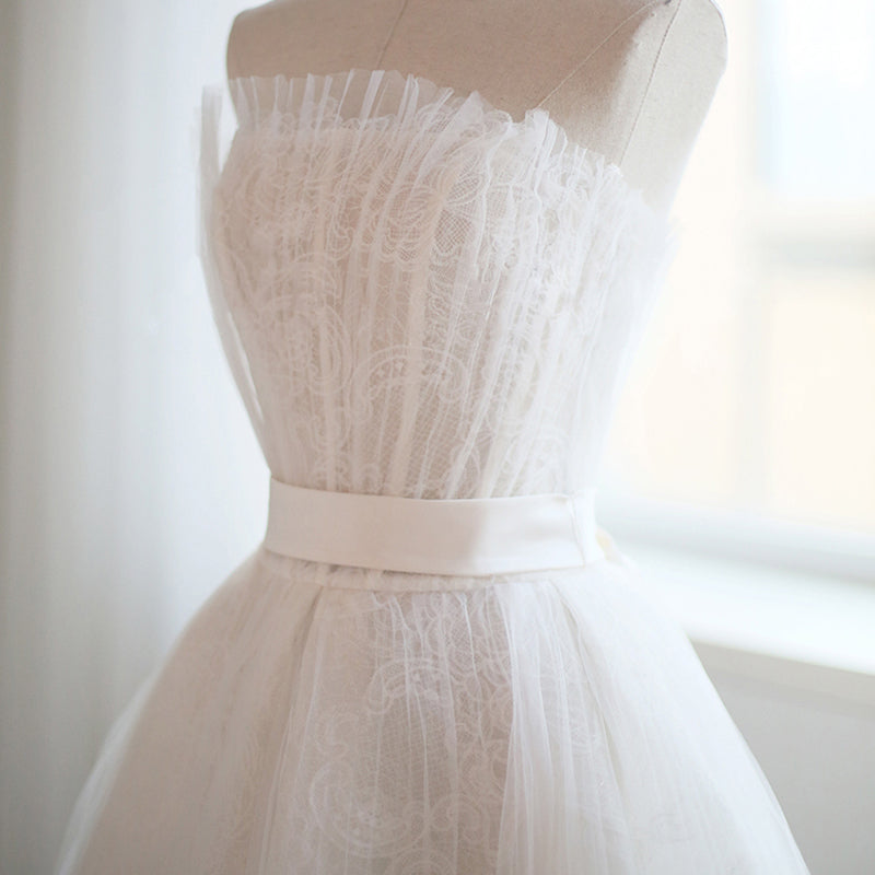 White tulle lace short prom dress evening dress  8206