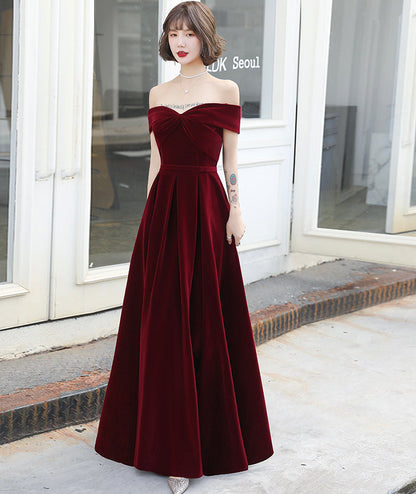 Burgundy velvet long prom dress evening dress  8406