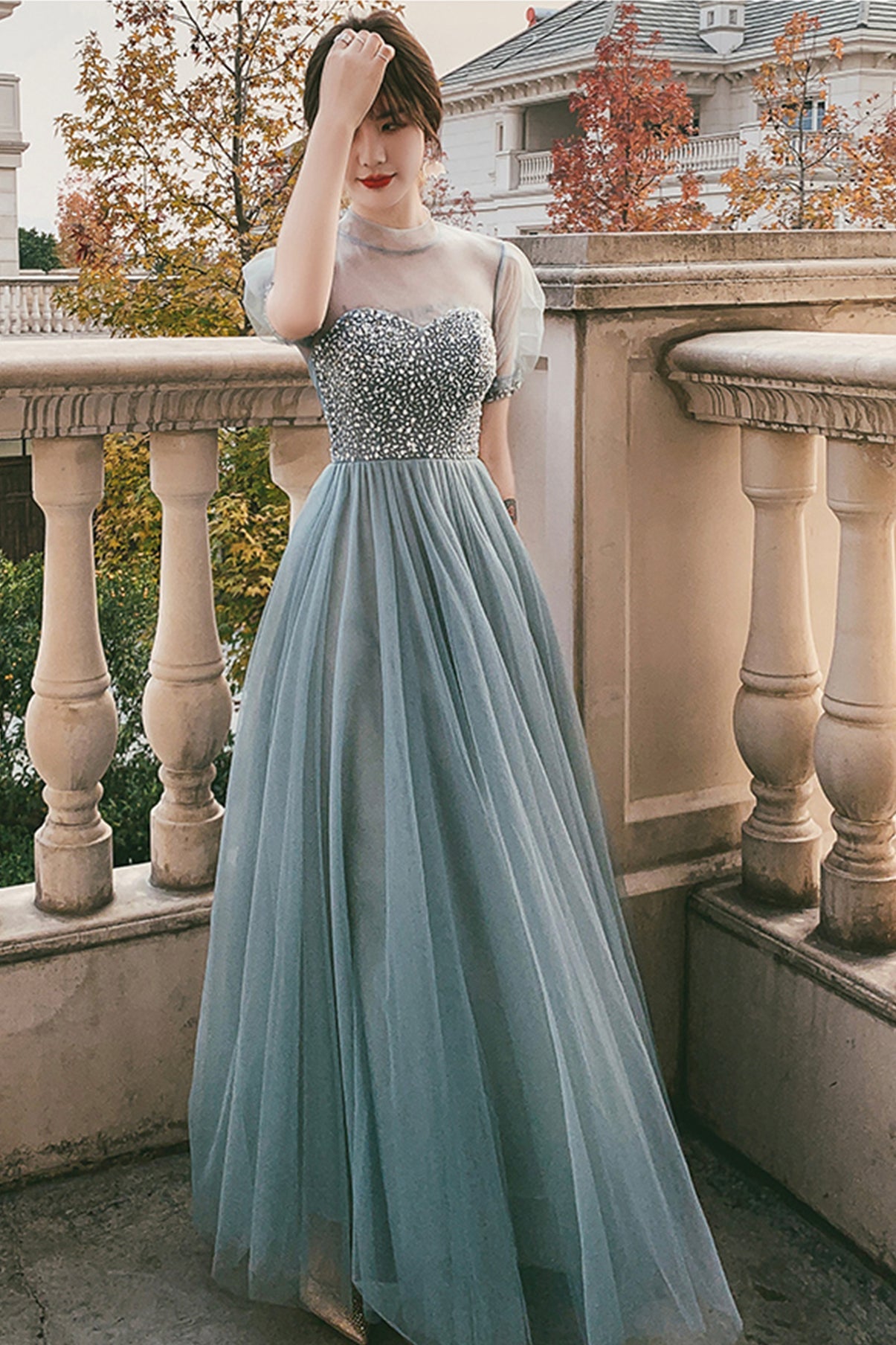 Blue tulle beads long A line prom dress evening dress  8789