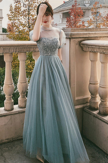 Blue tulle beads long A line prom dress evening dress  8789