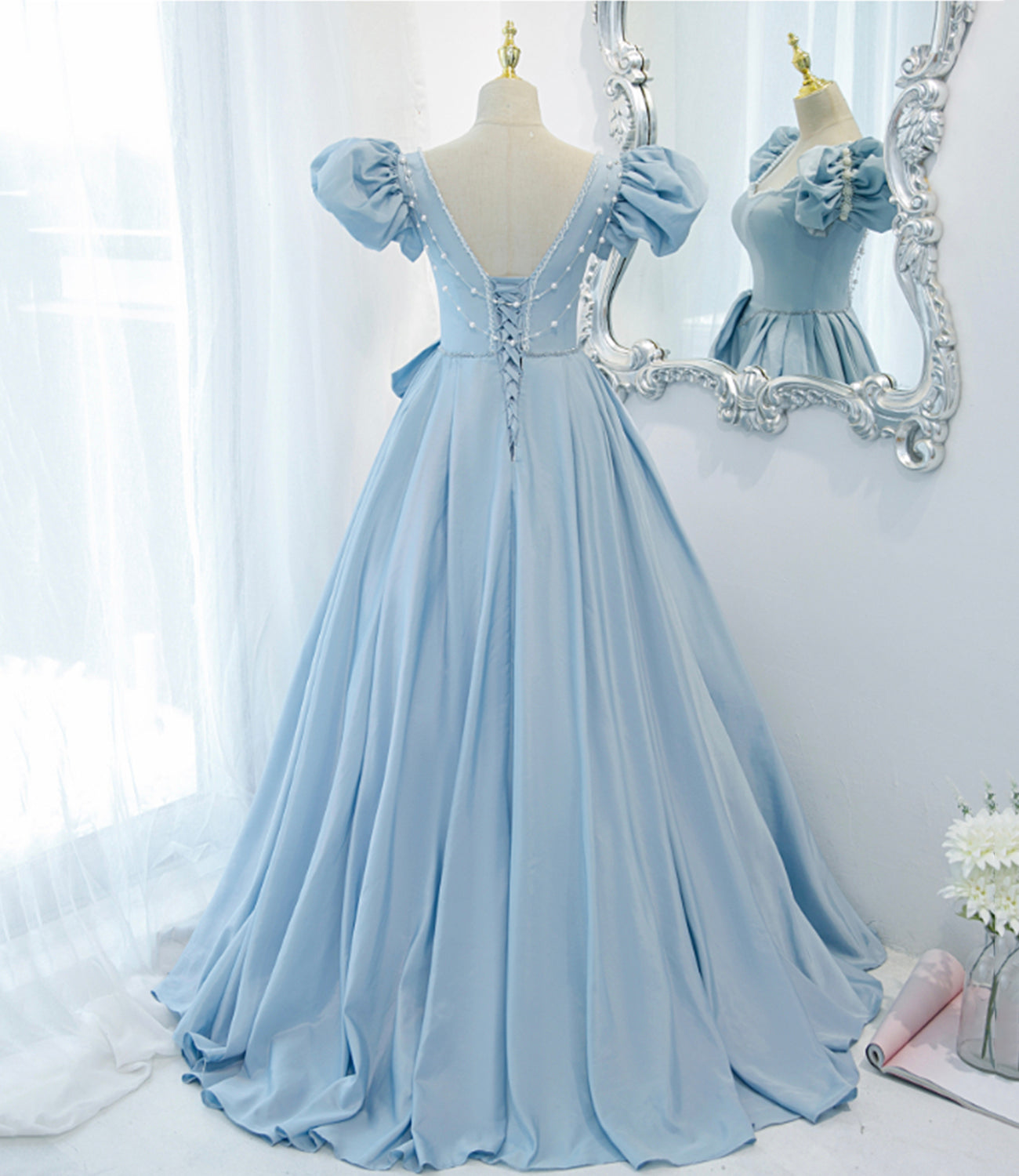 Blue saitn long A line prom dress blue evening dress  8840