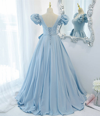 Blue saitn long A line prom dress blue evening dress  8840