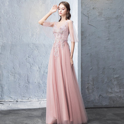 Pink tulle lace long prom dress evening dress  8255