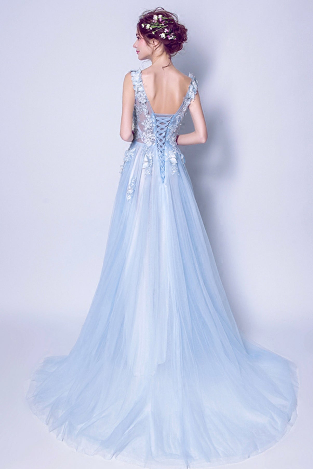 Blue tulle lace long A line prom dress blue evening dress  8753