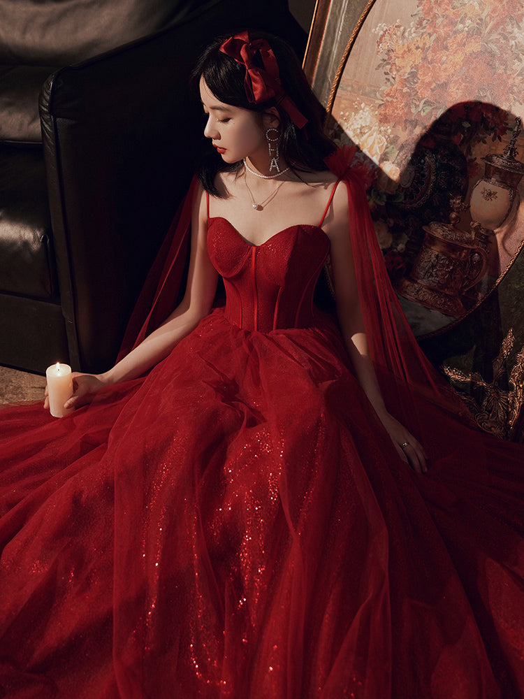 Burgundy Color Shiny Elegant Spaghetti Strap Long Tulle Sequin Ball Gown Evening Dress 8263