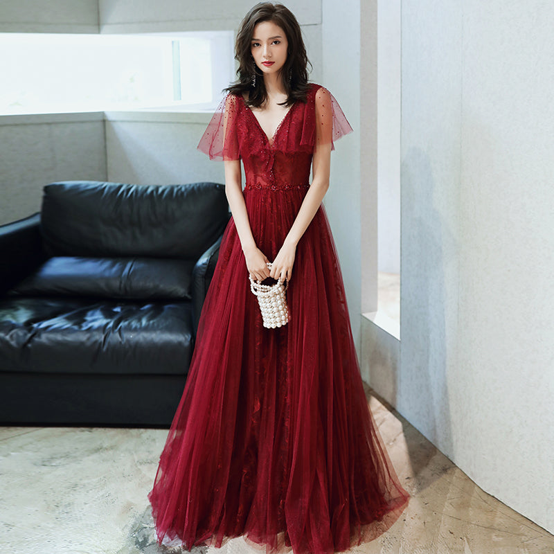Burgundy tulle long prom dress evening dress  8232