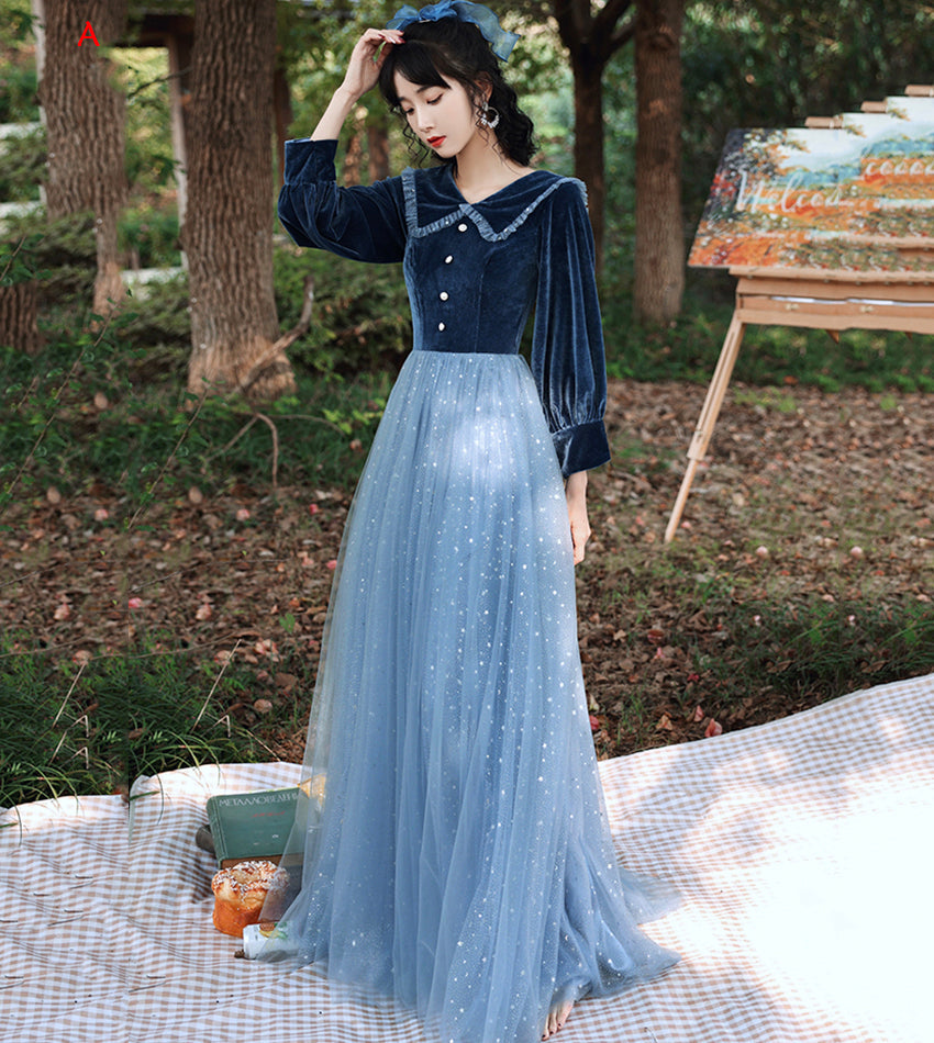 Blue velvet tulle long prom dress blue evening dress  8533