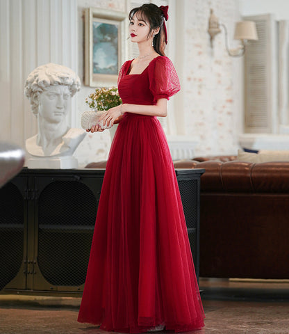 Burgundy tulle long A line prom dress evening dress  8843