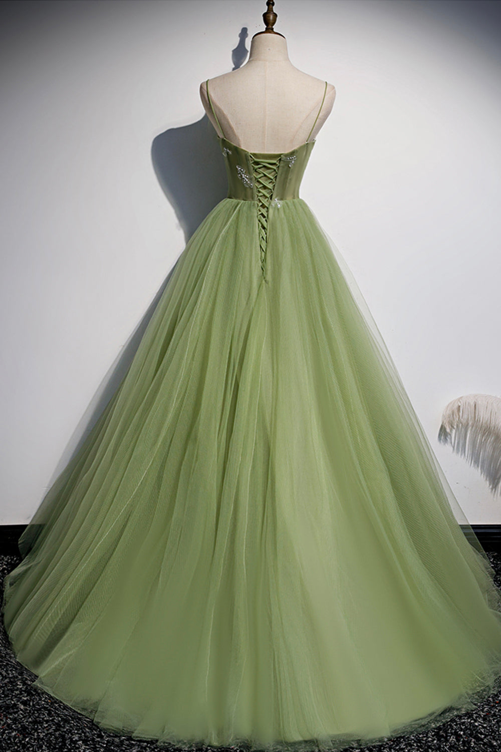 Green tulle long A line prom dress  8589