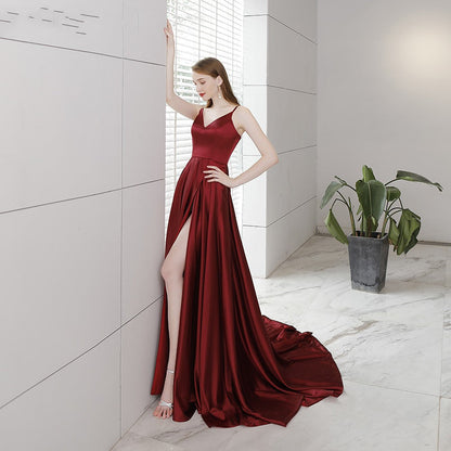 Burgundy satin long prom dress  8352