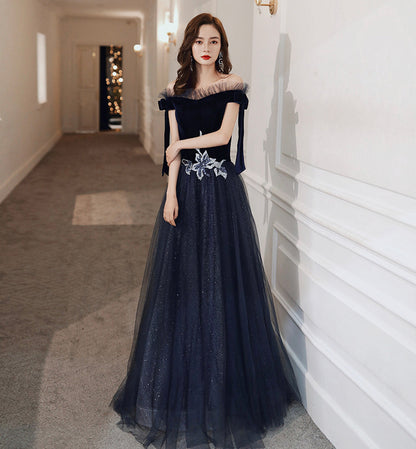 Blue velvet tulle long prom dress evening dress  8457