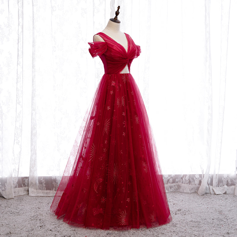 Burgundy tulle beads long prom dress  8260