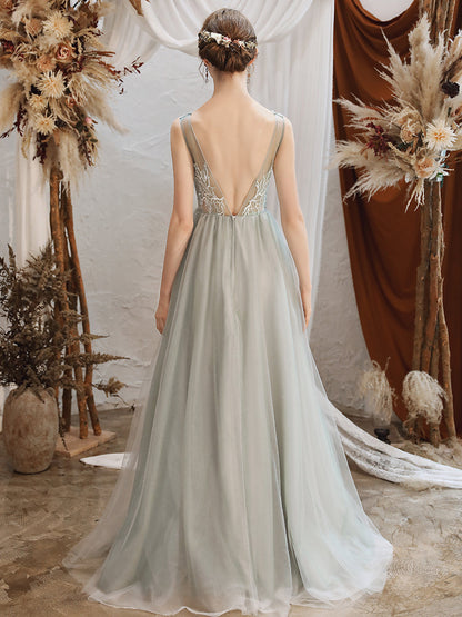 Gray tulle lace long prom dress evening dress  8265