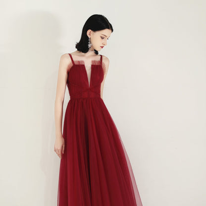 Burgundy tulle long prom dress  8168