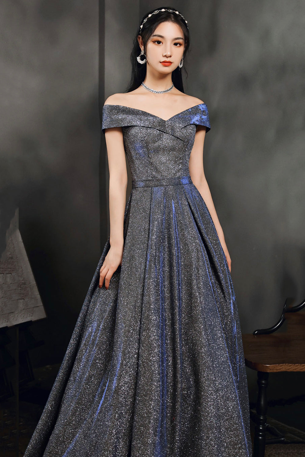 Simple A line v neck long prom dress off shoulder evening dress  8503