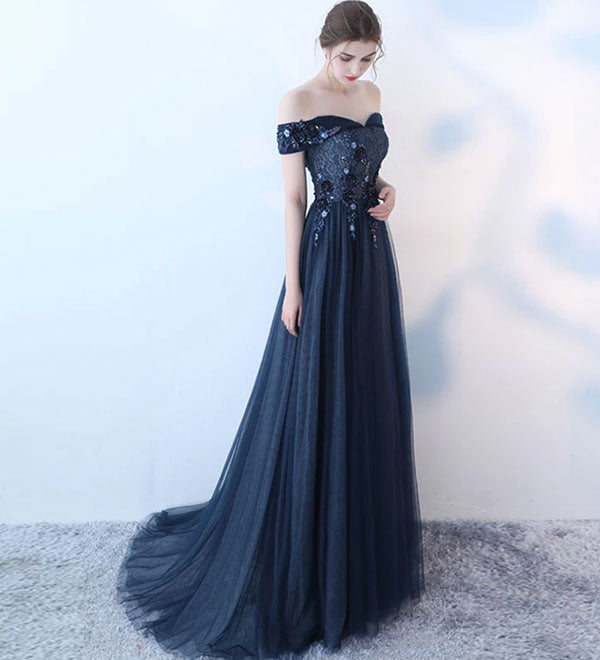 Blue tulle lace long pro dress, blue evening dress  8154