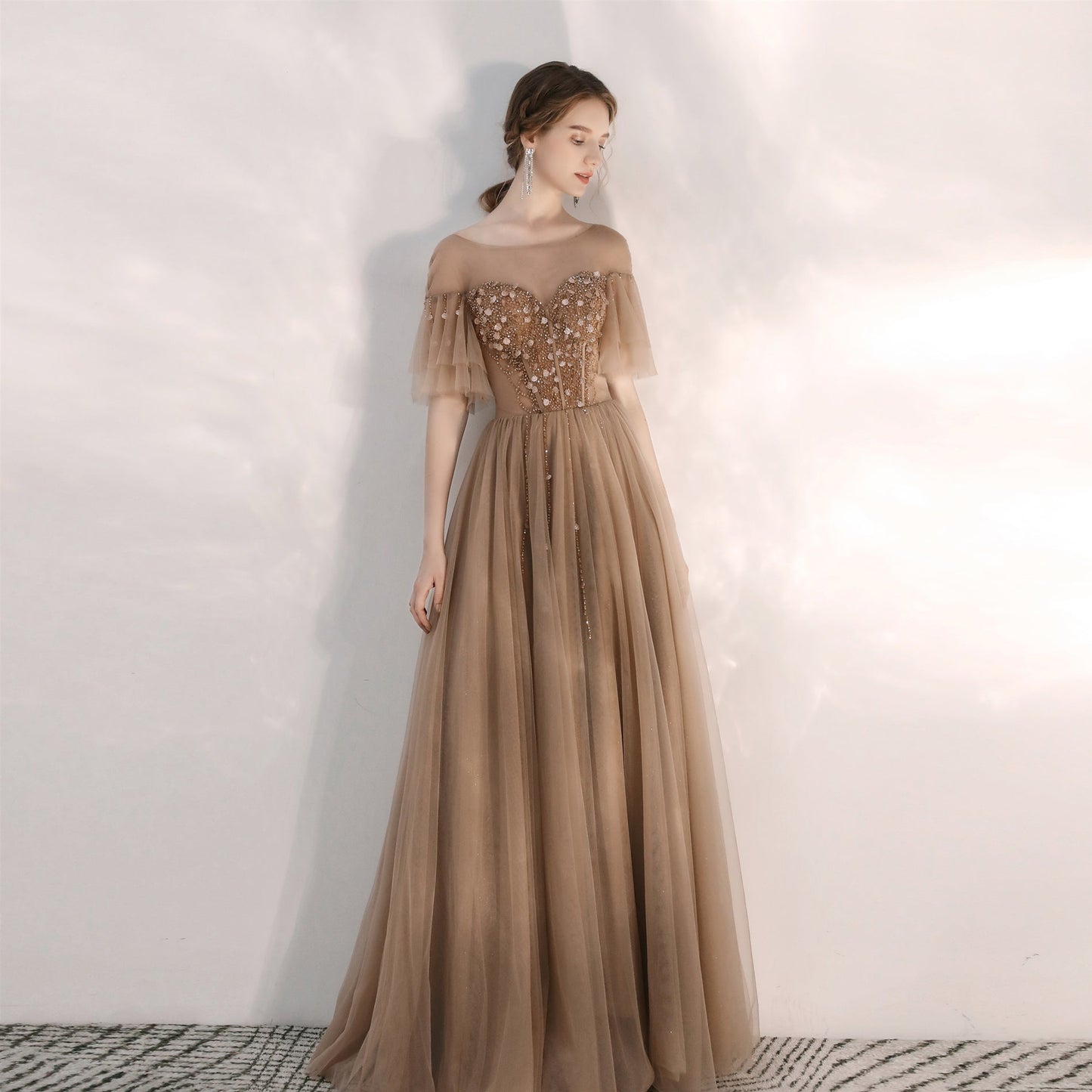 Elegant tulle sequins long prom gown  8165