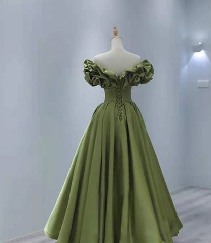 Green satin long A line prom dress evening dress  8816