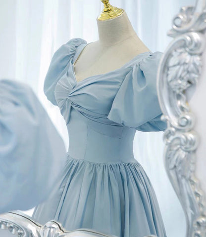 Blue satin long A line prom dress blue evening dress  8837