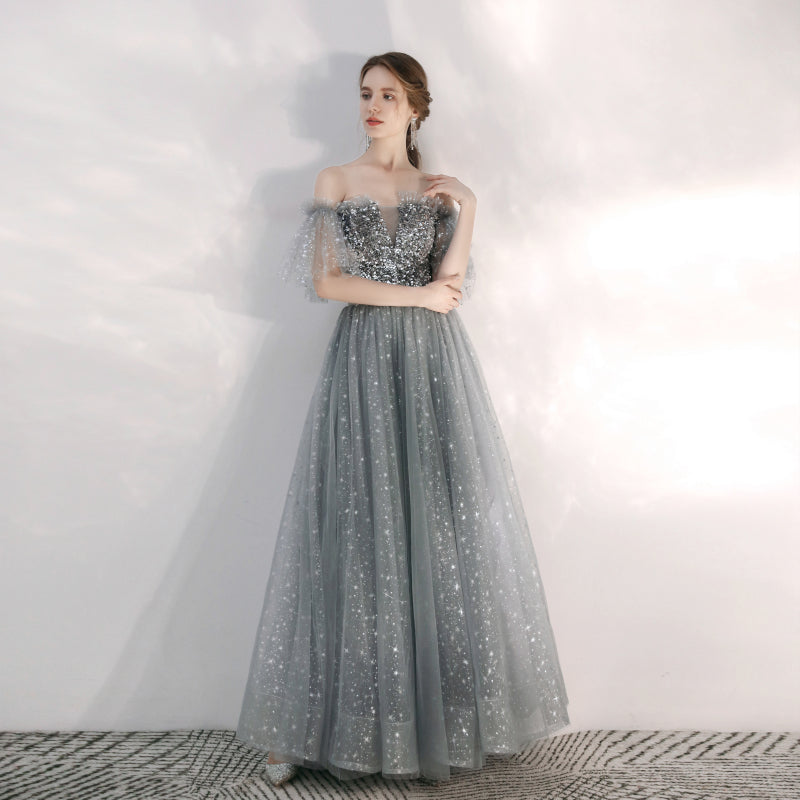 Gray tulle sequins long prom gown  8169