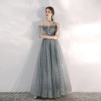 Gray tulle sequins long prom gown  8169