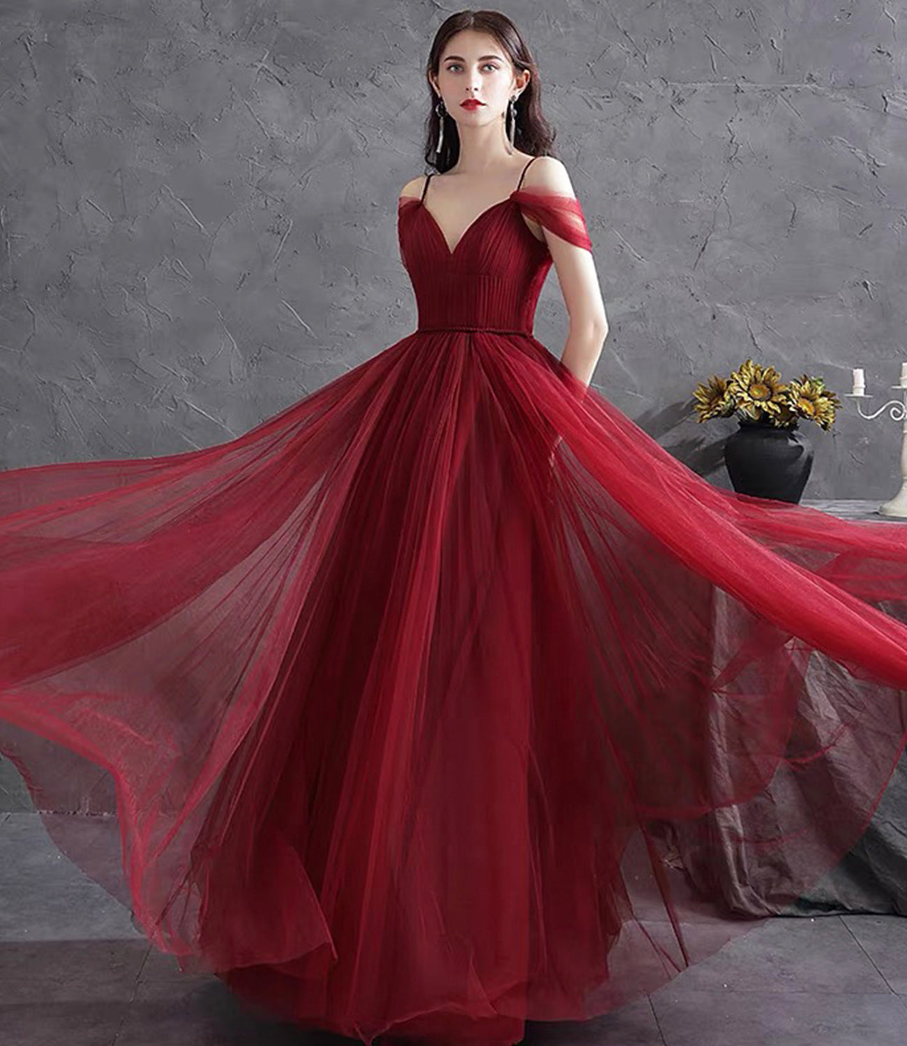 Burgundy v neck tulle long prom dress evening dress  8871