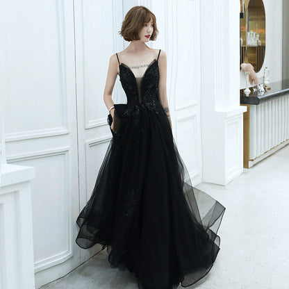 Black v neck tulle beads long prom dress evening dress  8213