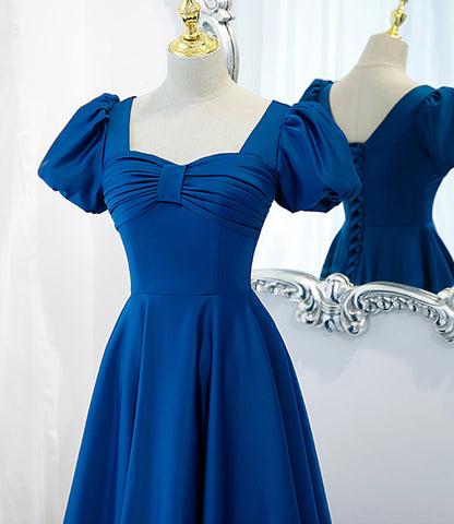 Blue satin long A line prom dress blue evening dress  8848