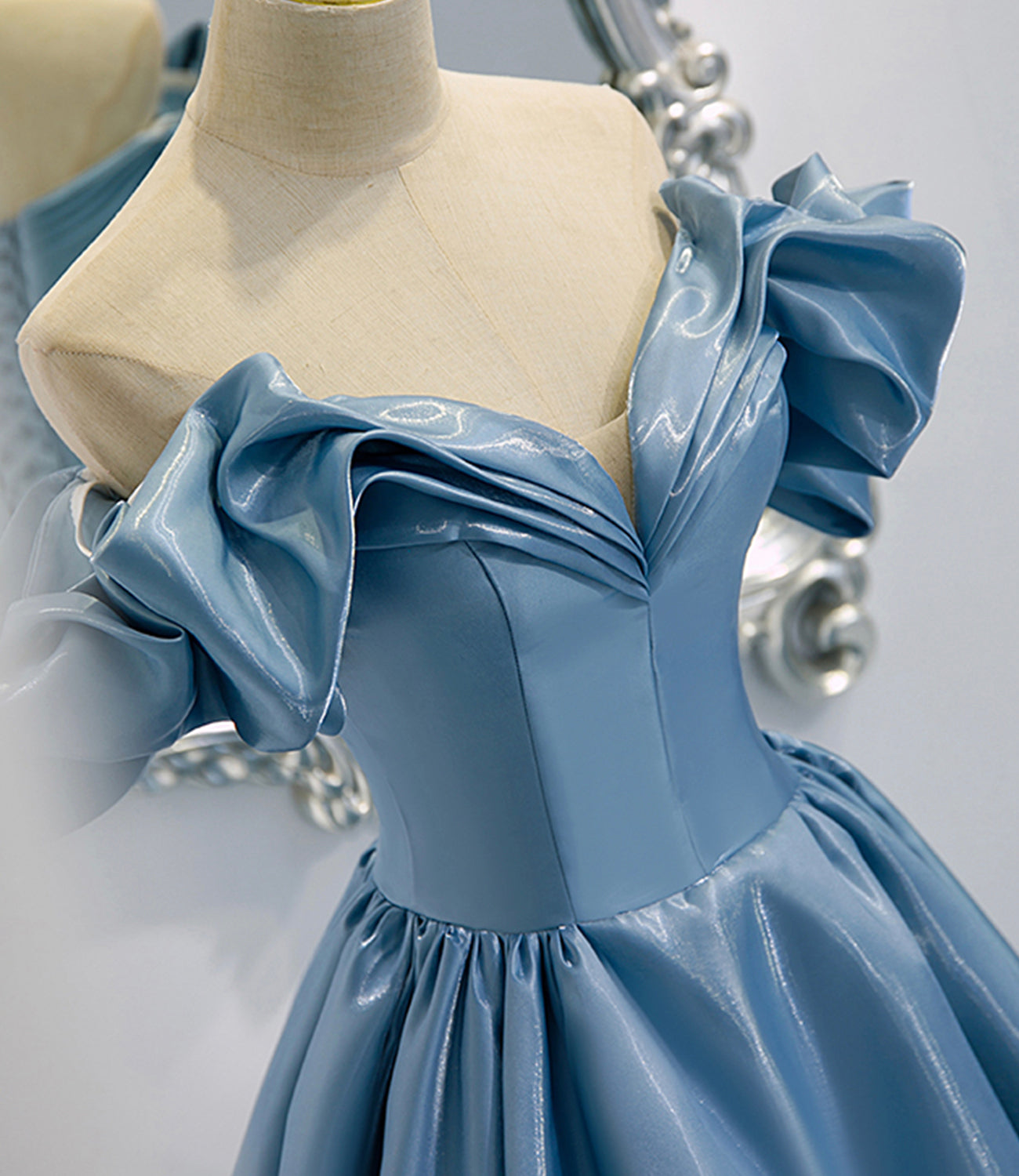 Shiny satin long A line prom dress blue evening dress  8845