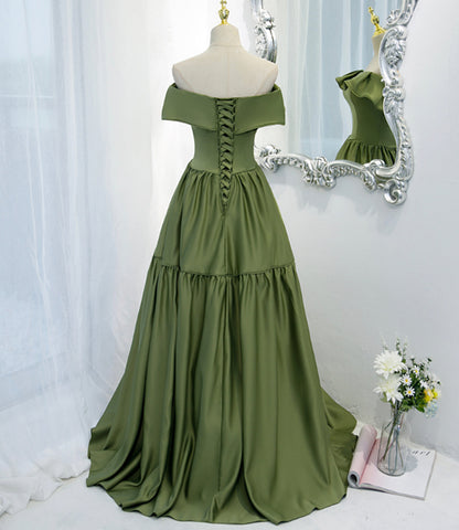 Green satin long A line prom dress green evening dress  8819