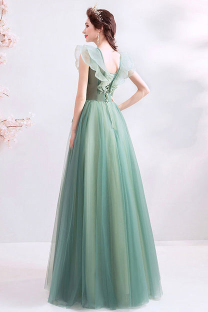 Green tulle long A line prom dress evening dress  8709