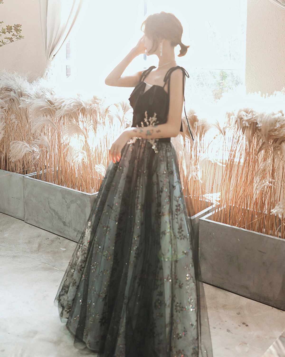 Black tulle sequins long prom dress black evening dress  8901
