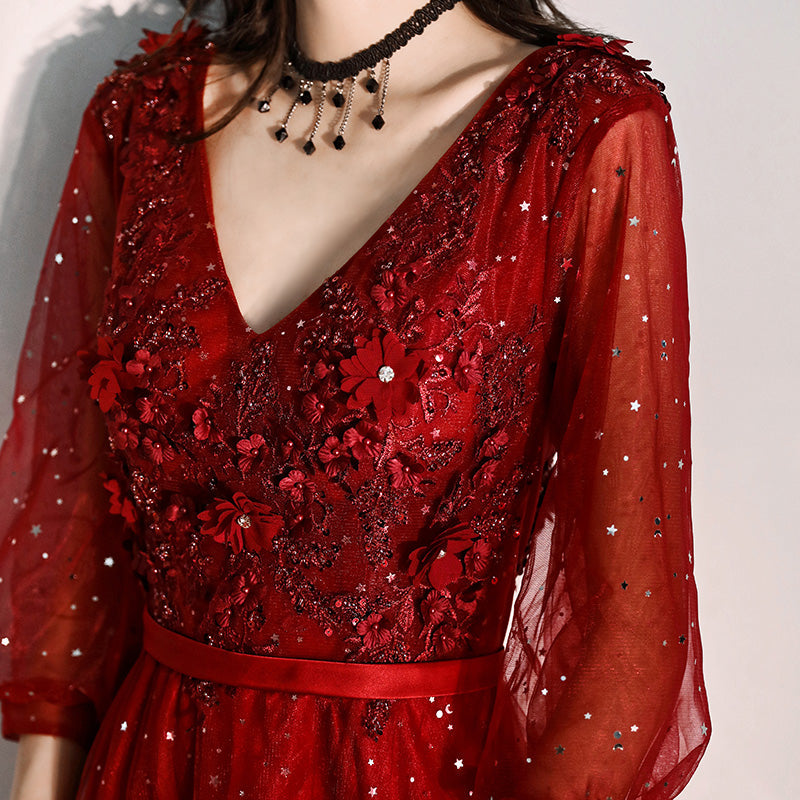 Burgundy lace long prom dress formal dress  8293