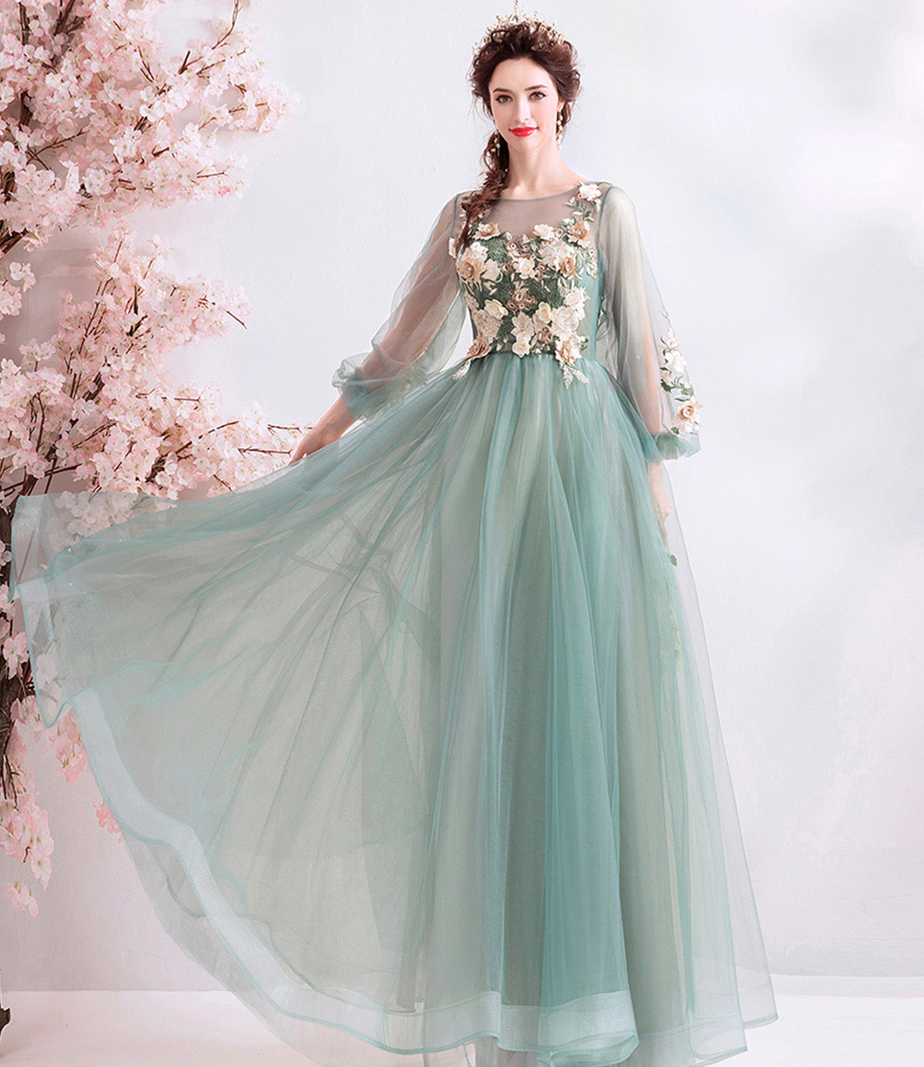 Green tulle lace long A line prom dress evening dress  8925