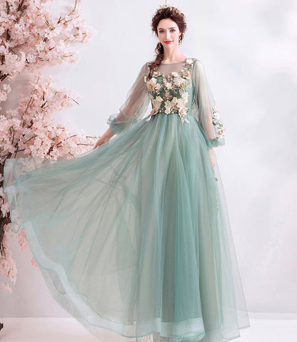 Green tulle lace long A line prom dress evening dress  8925