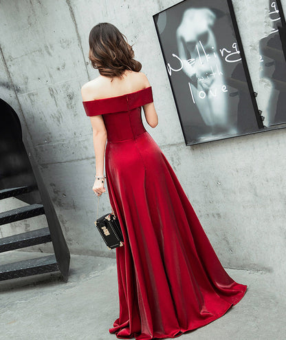 Burgundy satin long prom dress cute evening dress  8468